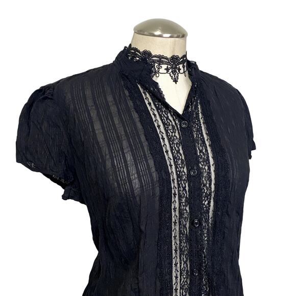 Gothic Vampire Victorian Button Down Lace Semi Sheer Blouse - Picture 6 of 12
